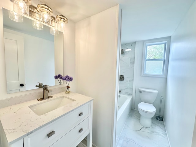 bathroom featuring marble look tile flooring, toilet, vanity, and washtub / shower combination