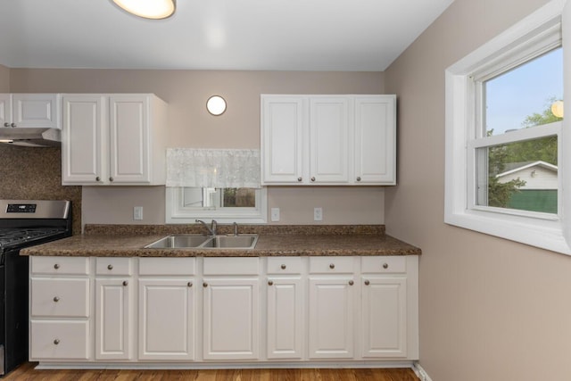 2069 Michael Ave SW, Wyoming, MI 49509 - kitchen with gas range, a sink, under cabinet range hood, and dark countertops
