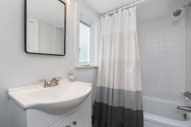 bathroom with vanity and shower / bathtub combination with curtain