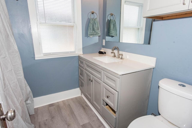 bathroom featuring toilet, vanity, and wood finished floors