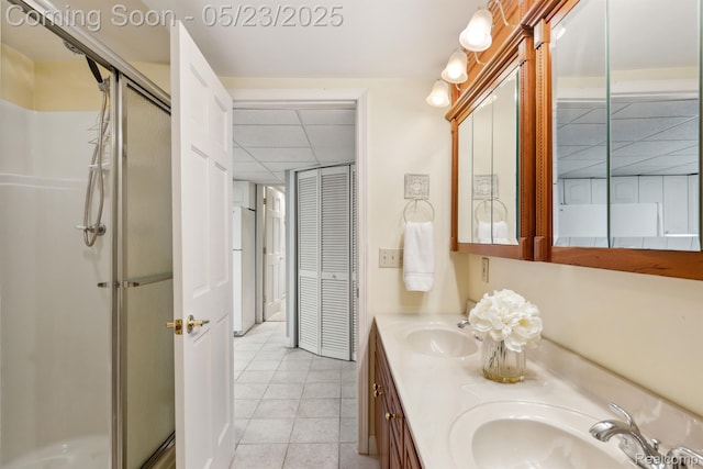 13953 Grandpoint Dr, Cement City, MI 49233 - bathroom featuring a paneled ceiling, a shower stall, double vanity, tile patterned flooring, and a closet