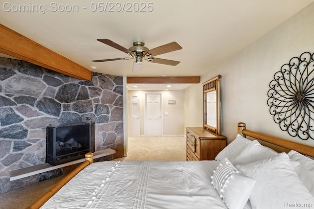 13953 Grandpoint Dr, Cement City, MI 49233 - bedroom featuring carpet floors, a fireplace, baseboards, and a ceiling fan