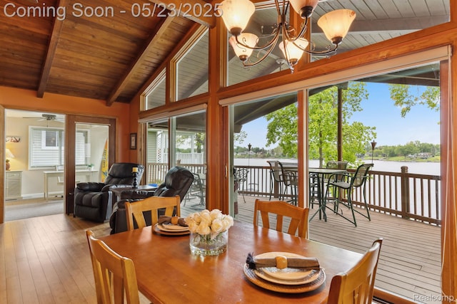 13953 Grandpoint Dr, Cement City, MI 49233 - dining area with wooden ceiling, plenty of natural light, a water view, hardwood / wood-style flooring, and a chandelier