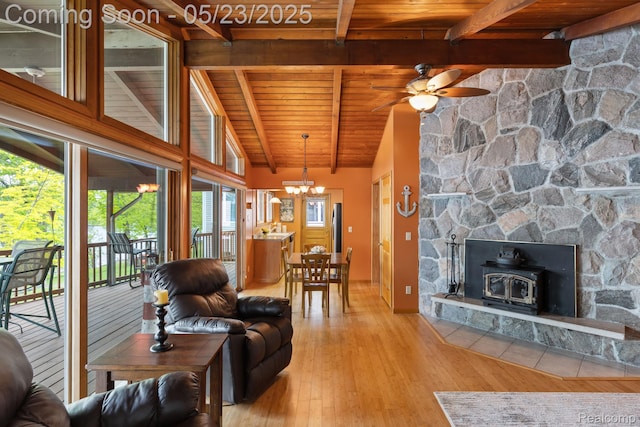 13953 Grandpoint Dr, Cement City, MI 49233 - living room featuring wooden ceiling, a wood stove, a ceiling fan, hardwood / wood-style floors, and a chandelier