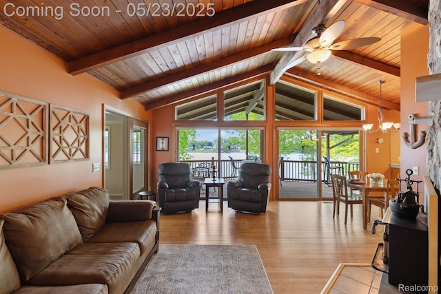 13953 Grandpoint Dr, Cement City, MI 49233 - living area with wood ceiling, light wood-type flooring, plenty of natural light, ceiling fan, and a chandelier
