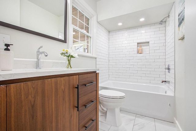 424 S Cass St, Berrien Springs, MI 49103 - bathroom featuring toilet, marble look tile flooring, tub / shower combination, and vanity