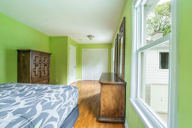 bedroom featuring wood finished floors, a closet, and baseboards