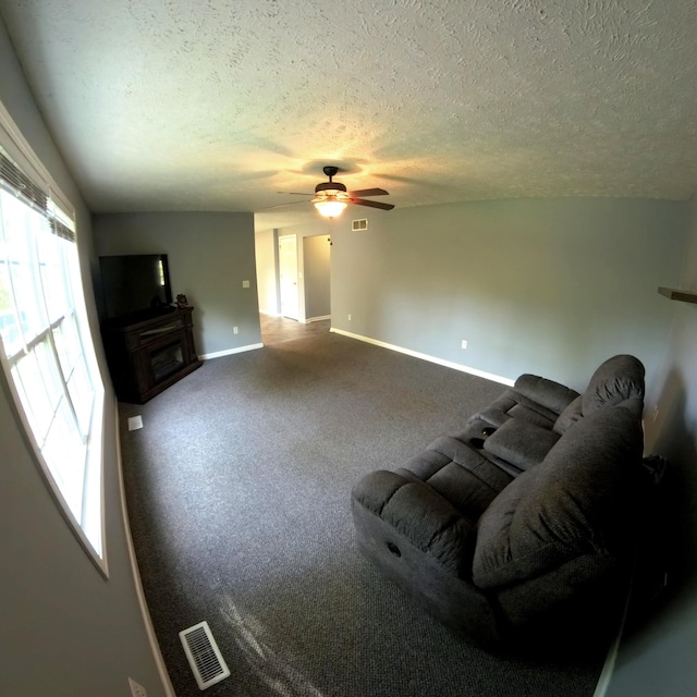5734 108th Ave, Pullman, MI 49450 - unfurnished living room with baseboards, ceiling fan, a textured ceiling, carpet, and a fireplace