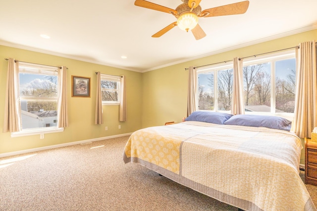 1719 Center St, Carleton, MI 48117 - bedroom with ornamental molding, multiple windows, baseboards, carpet flooring, and a ceiling fan