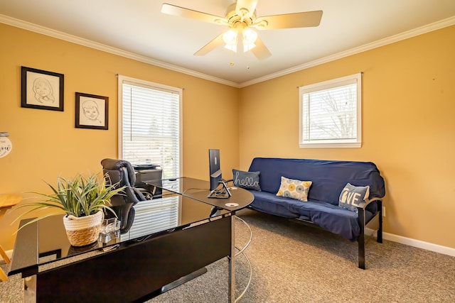 1719 Center St, Carleton, MI 48117 - home office with crown molding, carpet, ceiling fan, and baseboards