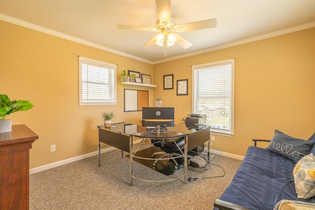 1719 Center St, Carleton, MI 48117 - home office with crown molding, carpet, healthy amount of natural light, baseboards, and ceiling fan