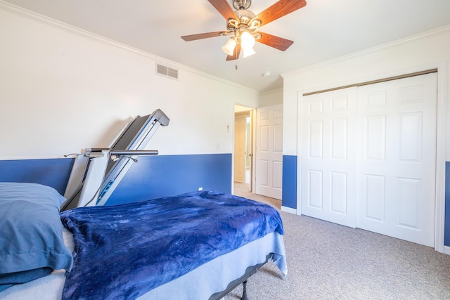 1719 Center St, Carleton, MI 48117 - carpeted bedroom with ornamental molding, ceiling fan, a closet, and baseboards