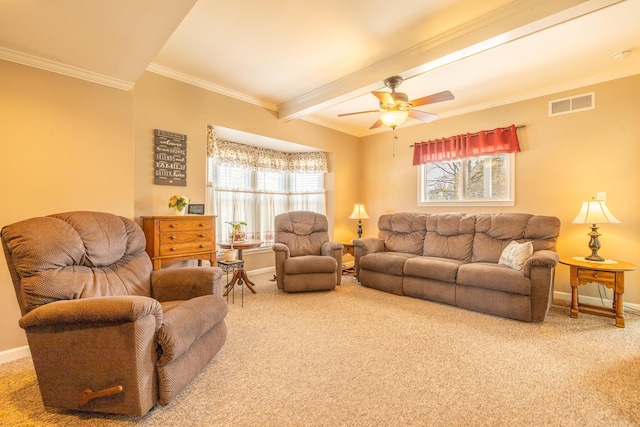1719 Center St, Carleton, MI 48117 - carpeted living room with baseboards, ornamental molding, beamed ceiling, and a ceiling fan