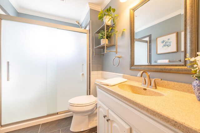1719 Center St, Carleton, MI 48117 - bathroom featuring crown molding, a shower stall, toilet, tile patterned flooring, and vanity