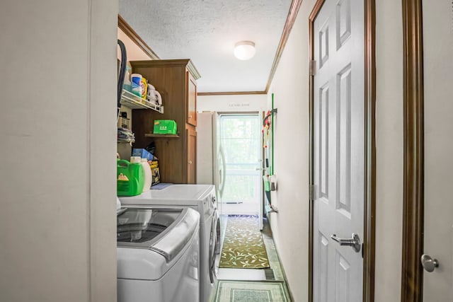 29878 Meadow Ln, Gibraltar, MI 48173 - washroom featuring washer and clothes dryer, ornamental molding, cabinet space, a textured ceiling, and baseboards