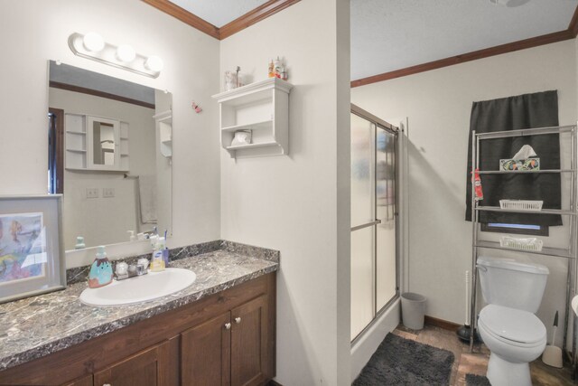29878 Meadow Ln, Gibraltar, MI 48173 - bathroom featuring a stall shower, crown molding, vanity, and toilet