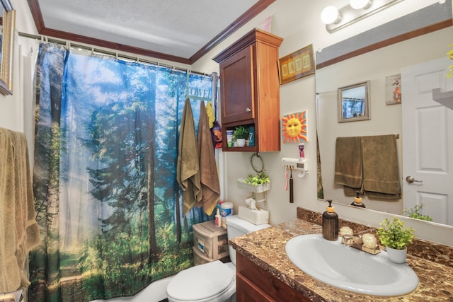 29878 Meadow Ln, Gibraltar, MI 48173 - bathroom featuring toilet, vanity, a shower with shower curtain, and ornamental molding