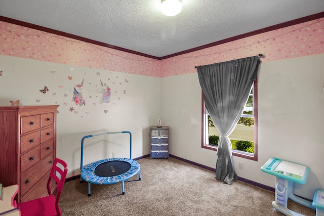 29878 Meadow Ln, Gibraltar, MI 48173 - carpeted bedroom with a textured ceiling, crown molding, and baseboards