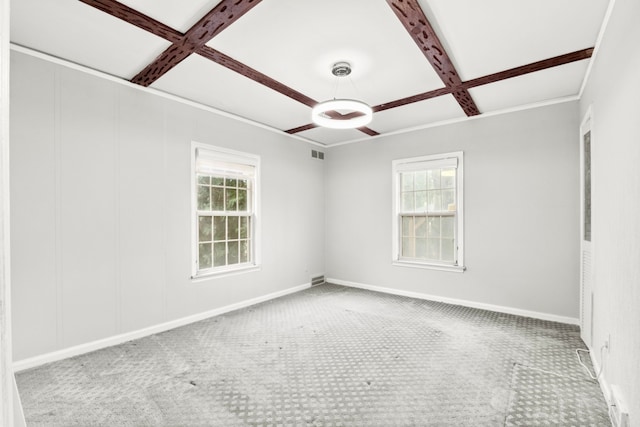 4775 Orchard Ave, Dearborn, MI 48126 - carpeted spare room featuring coffered ceiling, healthy amount of natural light, beamed ceiling, and baseboards