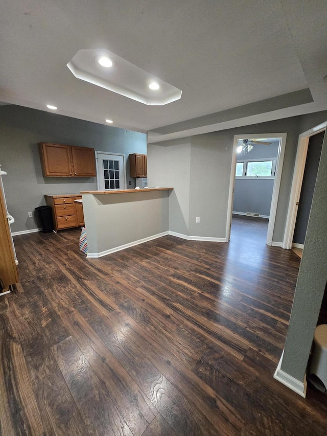 3800 W Hallett Rd, Hillsdale, MI 49242 - kitchen with a tray ceiling, brown cabinetry, dark wood finished floors, a peninsula, and recessed lighting