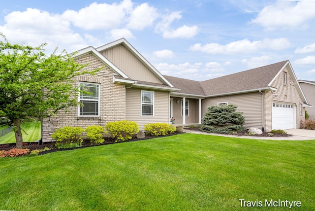 view of front of property featuring a front yard, a garage, board and batten siding, and driveway