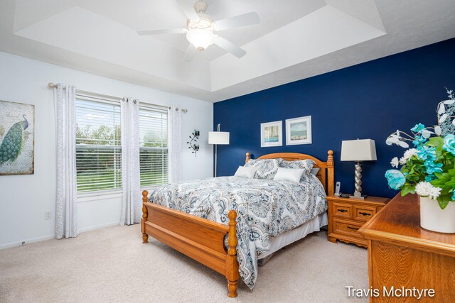 bedroom featuring a tray ceiling, carpet, a ceiling fan, and baseboards