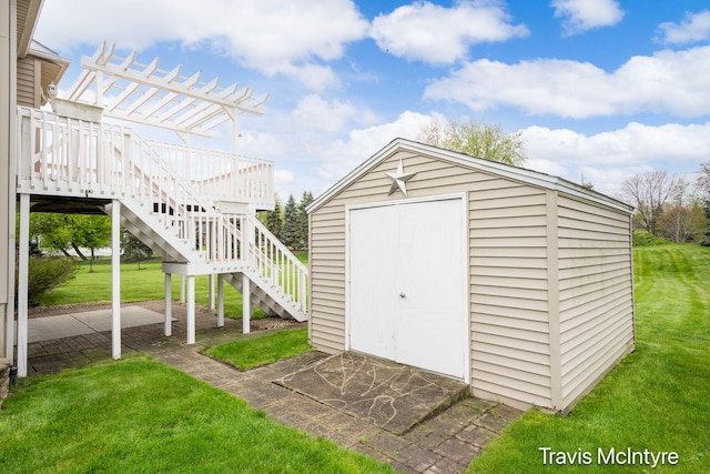 view of shed with stairway