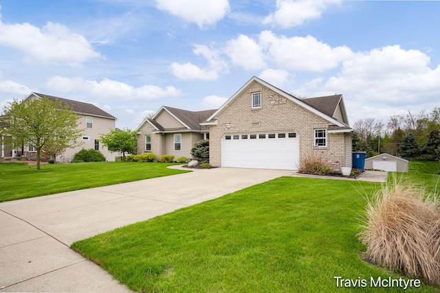 traditional-style home with a front lawn, a garage, driveway, and brick siding