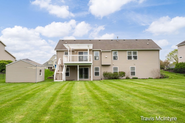 back of house with stairs, a wooden deck, and a pergola