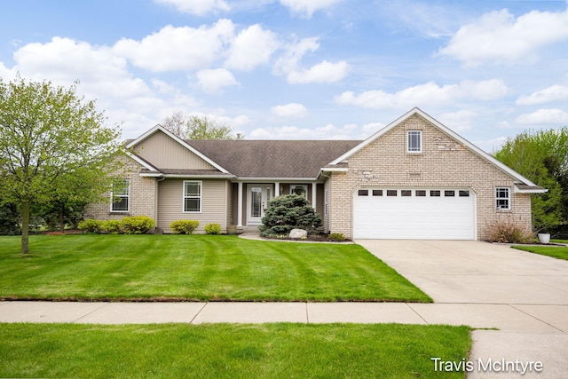 view of front of property with an attached garage, a front lawn, concrete driveway, and brick siding