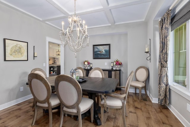 9510 Sparta Ave NW, Sparta, MI 49345 - dining space featuring coffered ceiling, a chandelier, wood finished floors, baseboards, and beam ceiling