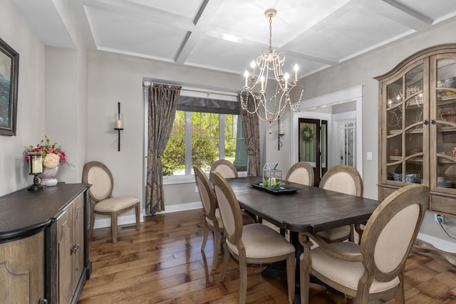 9510 Sparta Ave NW, Sparta, MI 49345 - dining area featuring coffered ceiling, a chandelier, baseboards, hardwood / wood-style floors, and beamed ceiling