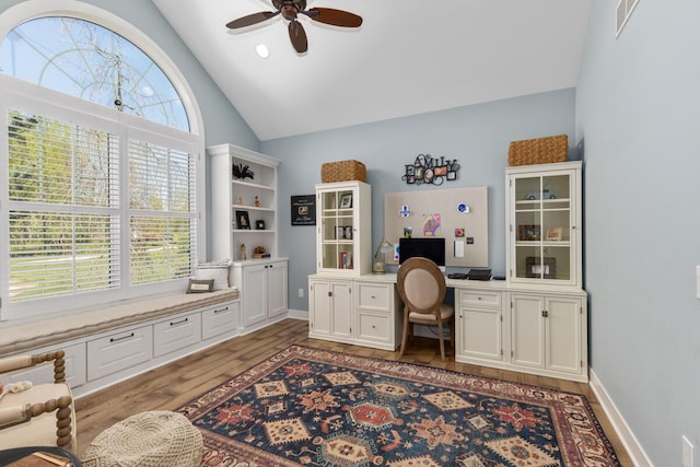 9510 Sparta Ave NW, Sparta, MI 49345 - office featuring a ceiling fan, light wood-type flooring, and high vaulted ceiling