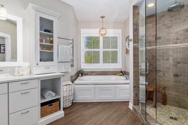 9510 Sparta Ave NW, Sparta, MI 49345 - bathroom featuring wood finished floors, a shower stall, a garden tub, and vanity