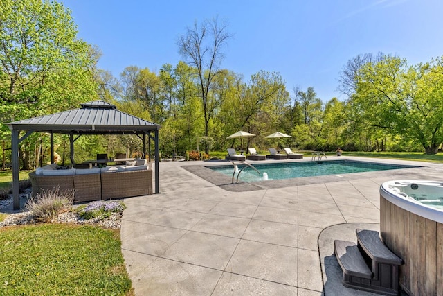 9510 Sparta Ave NW, Sparta, MI 49345 - outdoor pool featuring a patio area, an outdoor hangout area, a hot tub, a gazebo, and view of scattered trees