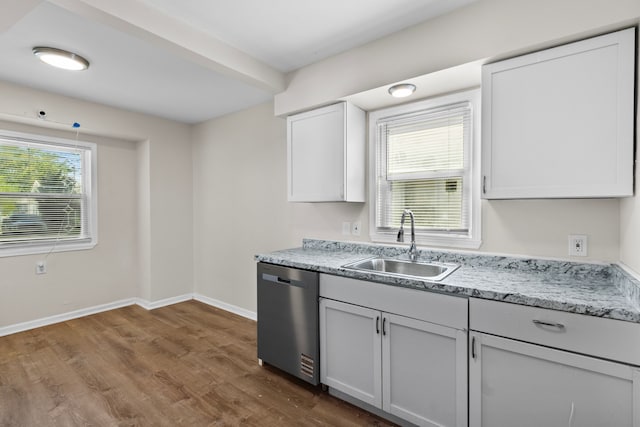 18750 Kingsville St, Harper Woods, MI 48225 - kitchen with stainless steel dishwasher, a sink, dark wood-style floors, white cabinetry, and baseboards