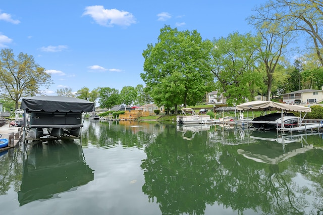 dock with boat lift and a water view