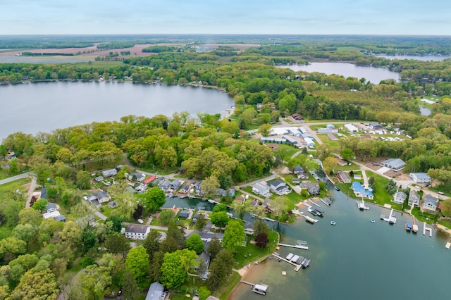 aerial perspective of suburban area with a nearby body of water and a forest