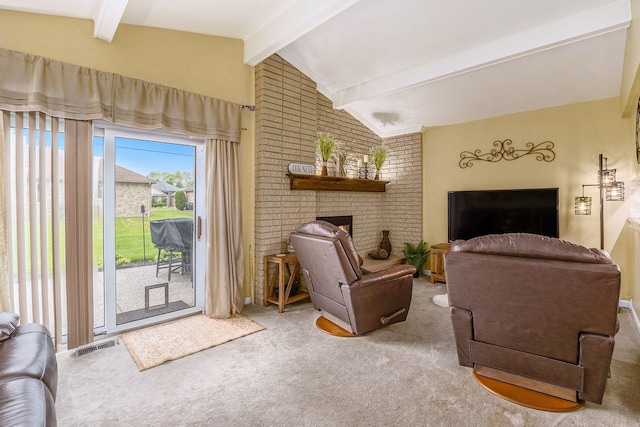 living area with carpet flooring and a brick fireplace