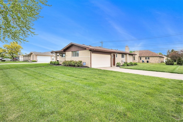 single story home with an attached garage, a front lawn, brick siding, concrete driveway, and a chimney