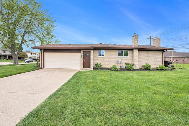 single story home with an attached garage, a front lawn, a chimney, and brick siding
