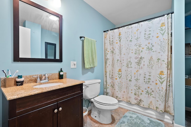 full bathroom with vanity, toilet, shower / bath combination with curtain, baseboards, and tile patterned floors