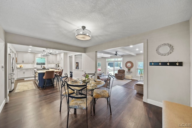 608 Budlong St, Adrian, MI 49221 - dining area with dark wood-type flooring, baseboards, recessed lighting, a textured ceiling, and ceiling fan