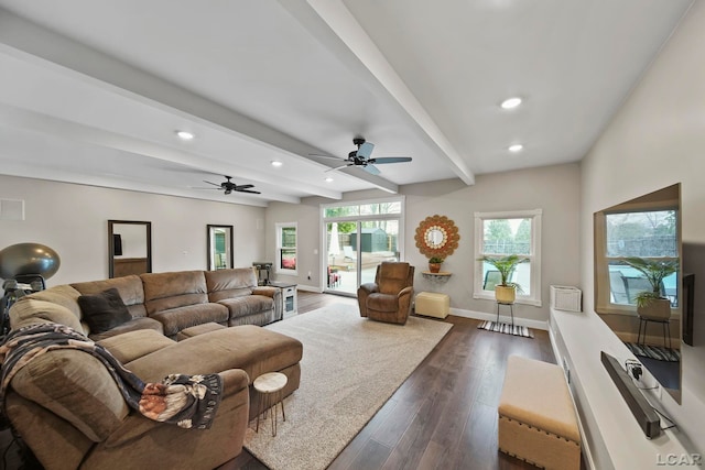 608 Budlong St, Adrian, MI 49221 - living room featuring recessed lighting, beamed ceiling, dark wood finished floors, baseboards, and ceiling fan