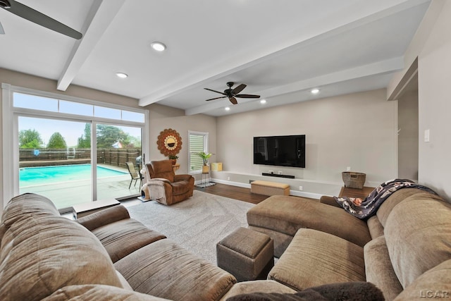 608 Budlong St, Adrian, MI 49221 - living room featuring a ceiling fan, beam ceiling, wood finished floors, baseboards, and recessed lighting