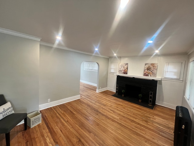 12739 Stoepel St, Detroit, MI 48238 - living area with a fireplace with flush hearth, arched walkways, wood finished floors, baseboards, and ornamental molding
