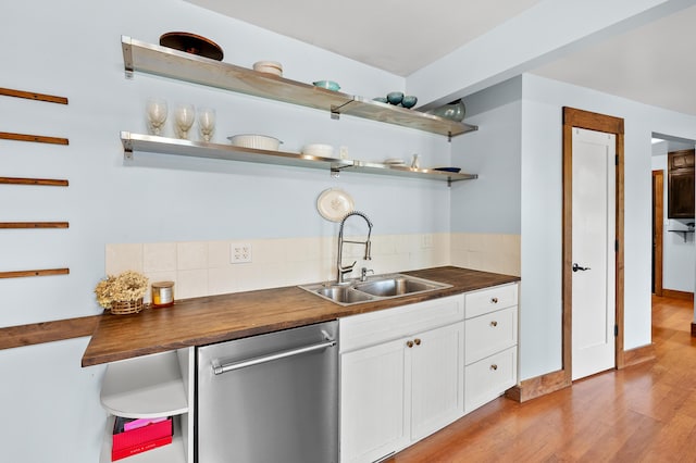 3694 Kerlikowske Rd, Coloma, MI 49038 - kitchen featuring open shelves, dishwasher, a sink, backsplash, and light wood-type flooring