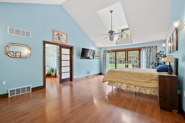 3694 Kerlikowske Rd, Coloma, MI 49038 - bedroom with high vaulted ceiling, wood finished floors, access to outside, french doors, and ceiling fan
