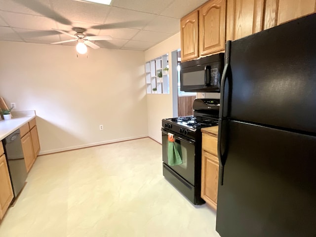 5817 Everest Dr, Clarkston, MI 48346 - kitchen featuring black appliances, light brown cabinetry, a drop ceiling, and ceiling fan