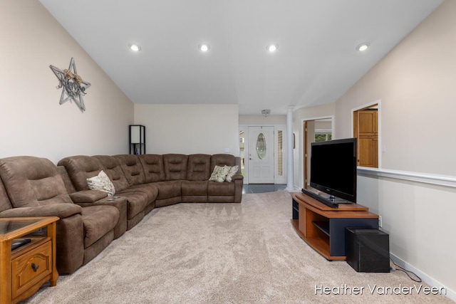 living area featuring carpet, recessed lighting, and baseboards